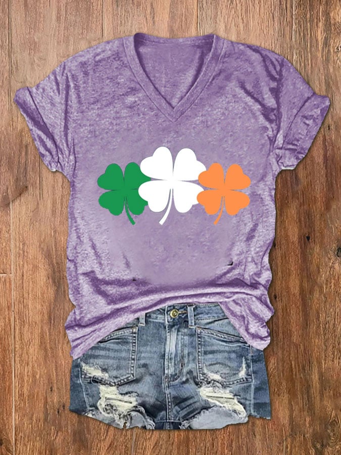 Women's Shamrock Print V-Neck Short Sleeve T-Shirt